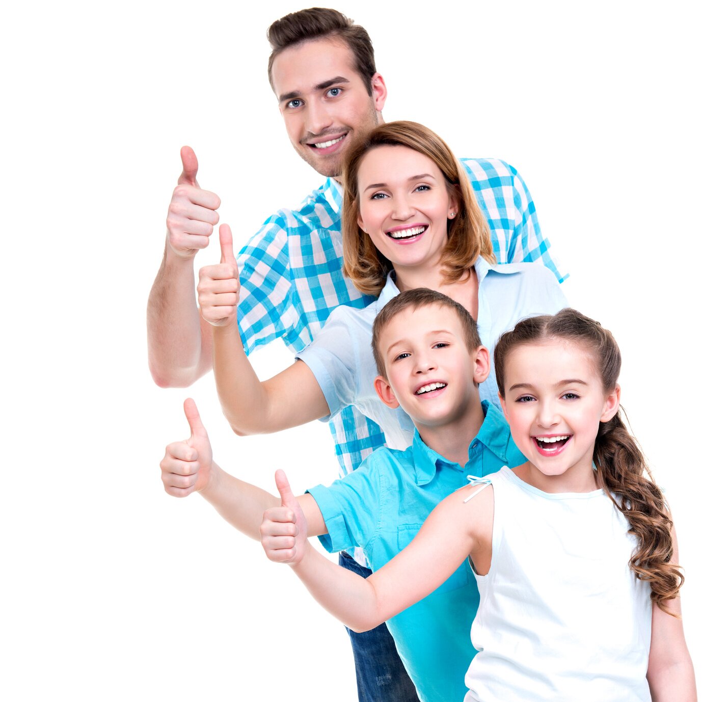 happy european family with children shows the thumbs up sign